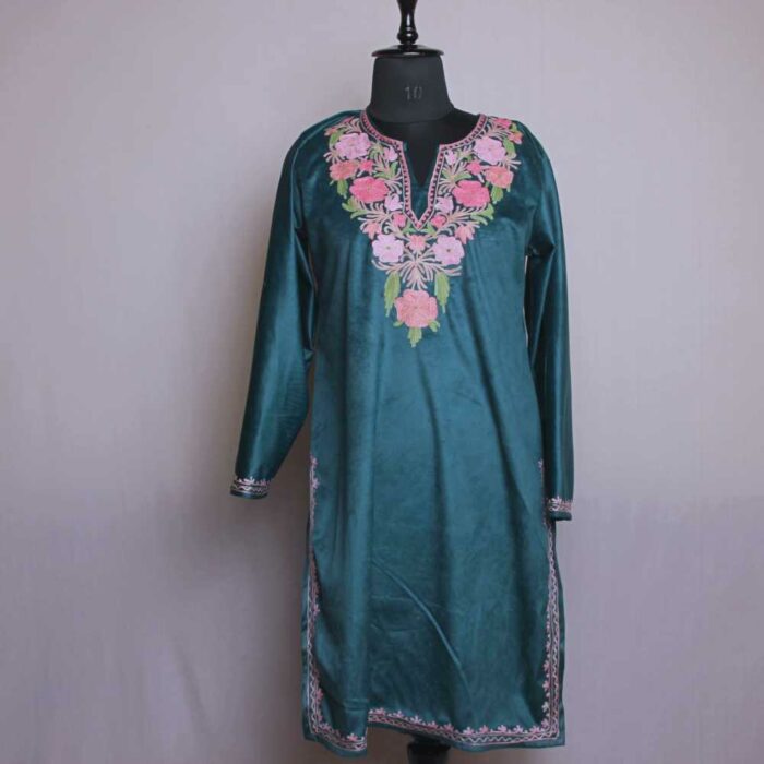 Green Gulabi Bilawal Velvet Kashmiri Kurti with ari Embroidery