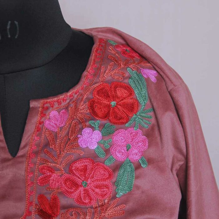 Onion Pink Bilawal Velvet Kashmiri Kurti with ari Embroidery - Image 3