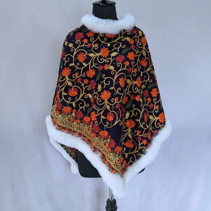 Lily Blue Kashmiri Fur Poncho With Jaal Ari Embroidery