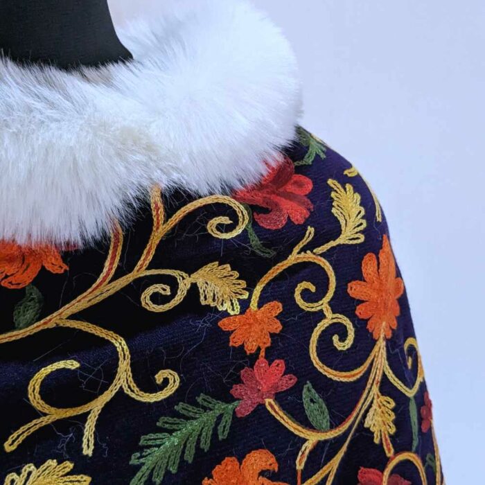 Lily Blue Kashmiri Fur Poncho With Jaal Ari Embroidery - Image 3