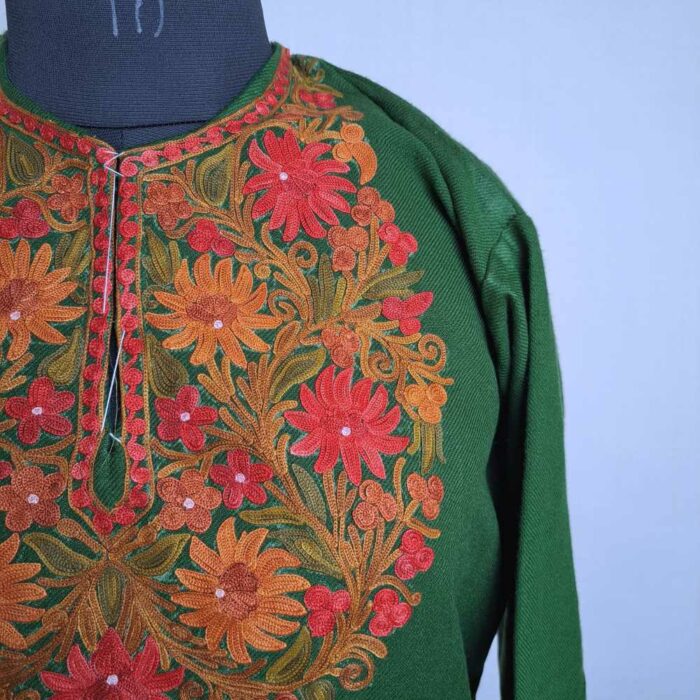 Green Wazul Asiya Kashmiri Girls Short Pheran With Aari Embroidery (L41.5) - Image 3