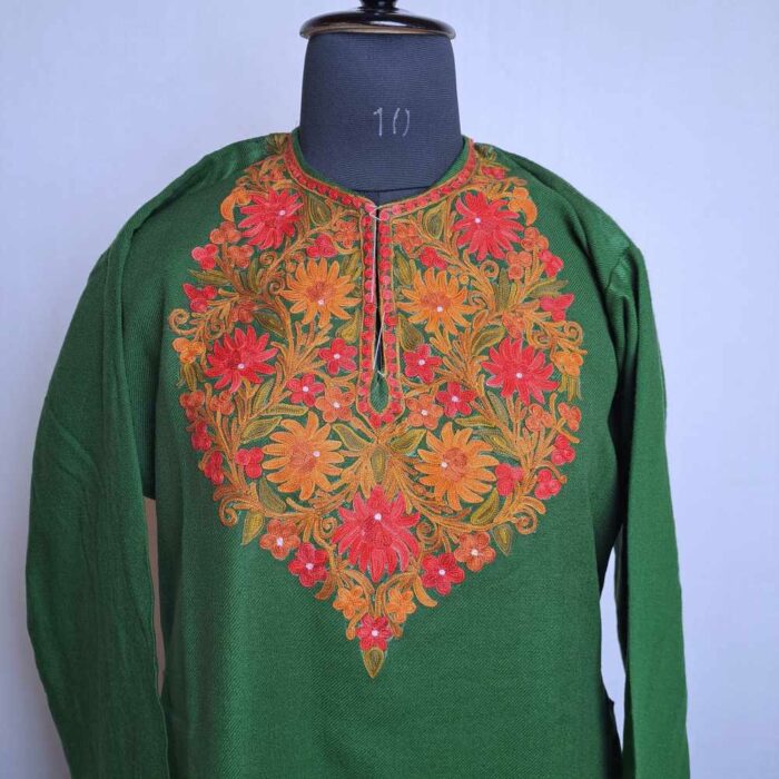 Green Wazul Asiya Kashmiri Girls Short Pheran With Aari Embroidery (L41.5) - Image 2