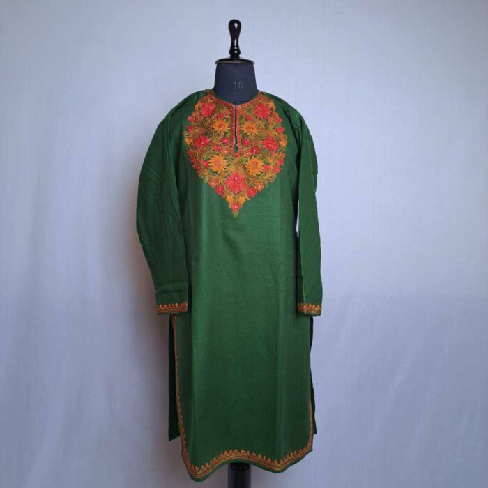 Green Wazul Asiya Kashmiri Girls Short Pheran With Aari Embroidery (L41.5)