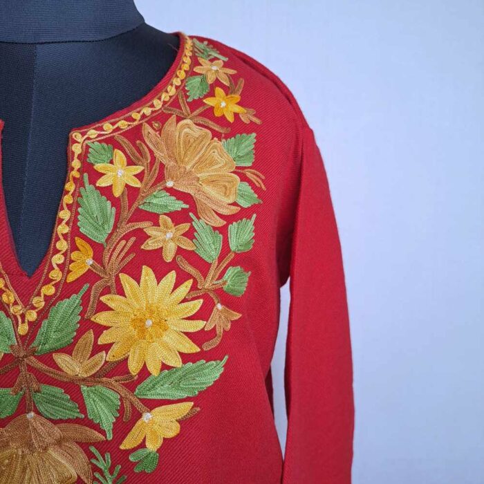 Red Asiya Kashmiri Girls Short Pheran With Aari Embroidery (L40) - Image 3