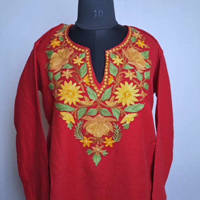 Red Asiya Kashmiri Girls Short Pheran With Aari Embroidery (L40) - Image 2