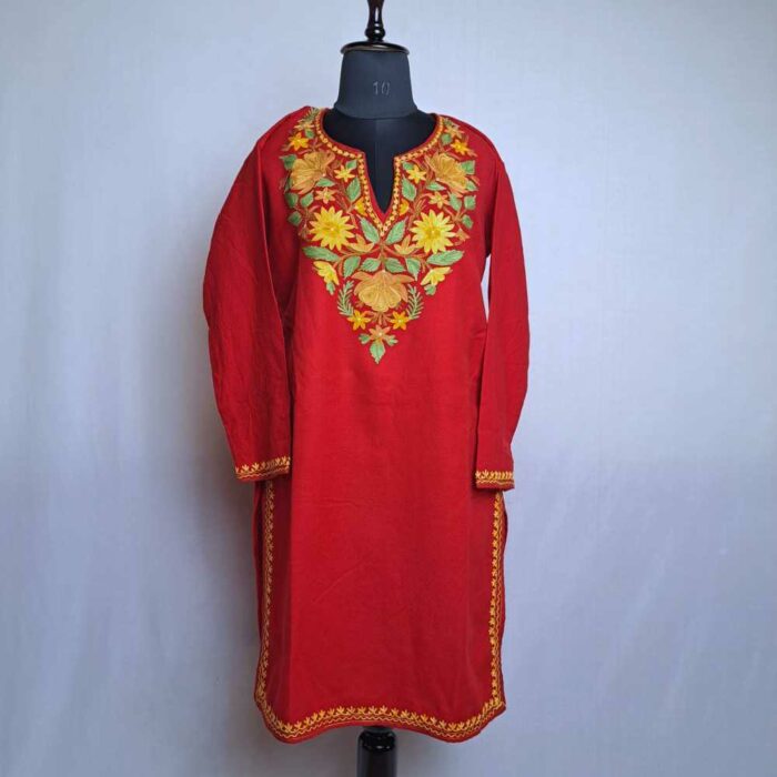 Red Asiya Kashmiri Girls Short Pheran With Aari Embroidery (L40)