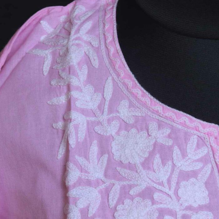Serene Pink Cotton Short Kashmiri Kurti Ari Embroidery - Image 2
