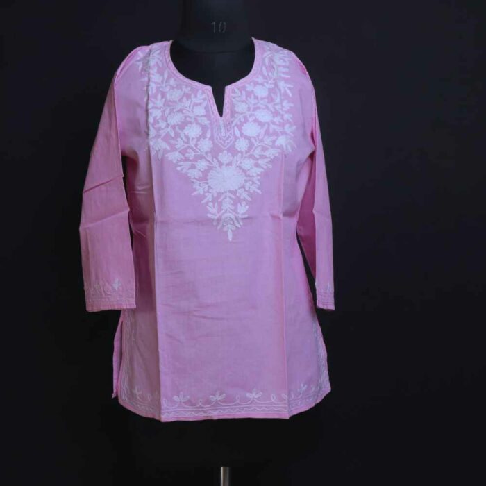 Serene Pink Cotton Short Kashmiri Kurti Ari Embroidery