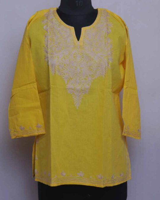 Serene Yellow Cotton Short Kashmiri Kurti with Beige Ari Embroidery