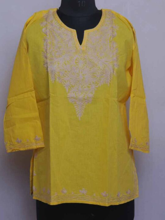 Serene Yellow Cotton Short Kashmiri Kurti with Beige Ari Embroidery