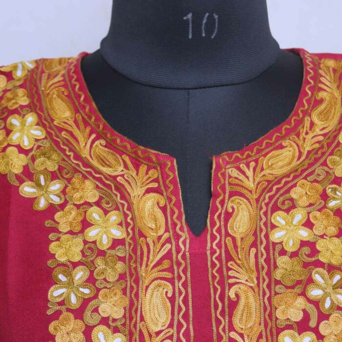 Precious Maroon Ruby Cotton Short Kashmiri Kurti with Ari Embroidery - Image 2