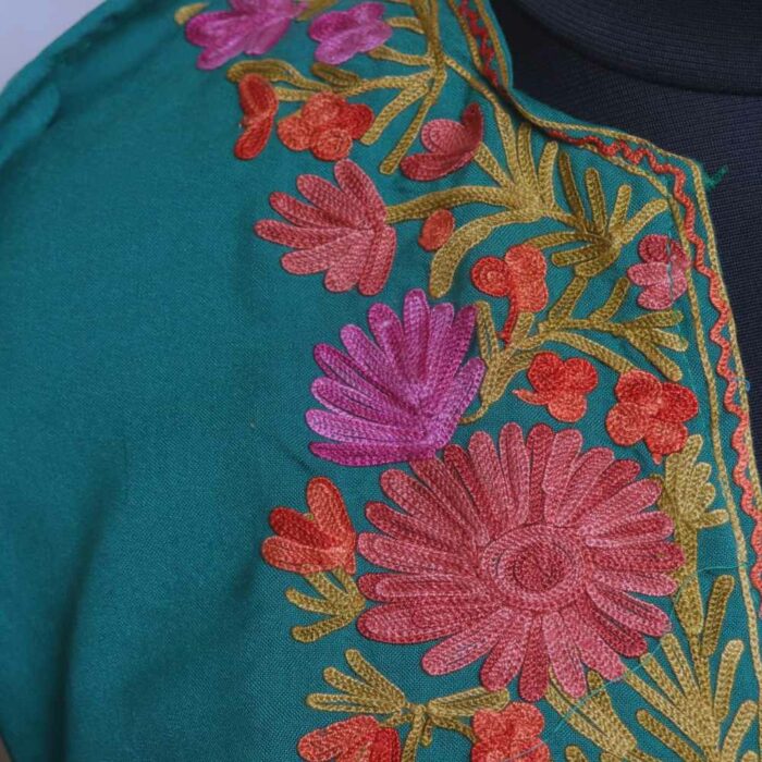 Precious Green Posh Ruby Cotton Short Kashmiri Kurti with Ari Embroidery - Image 3
