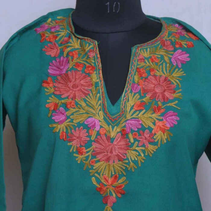 Precious Green Posh Ruby Cotton Short Kashmiri Kurti with Ari Embroidery - Image 2