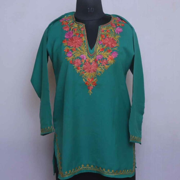 Precious Green Posh Ruby Cotton Short Kashmiri Kurti with Ari Embroidery