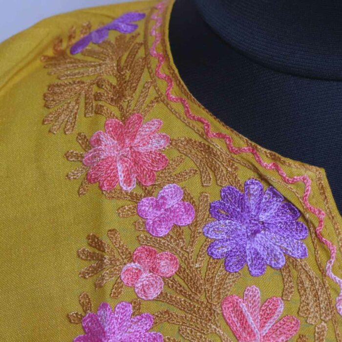 Precious Mustard Ruby Cotton Short Kashmiri Kurti with Ari Embroidery - Image 3