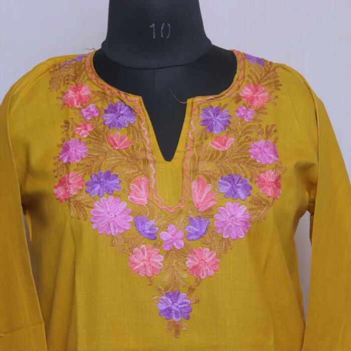 Precious Mustard Ruby Cotton Short Kashmiri Kurti with Ari Embroidery - Image 2