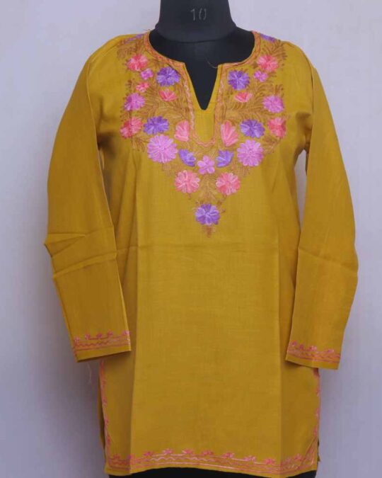 Precious Mustard Ruby Cotton Short Kashmiri Kurti with Ari Embroidery