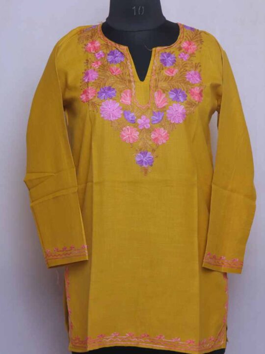 Precious Mustard Ruby Cotton Short Kashmiri Kurti with Ari Embroidery