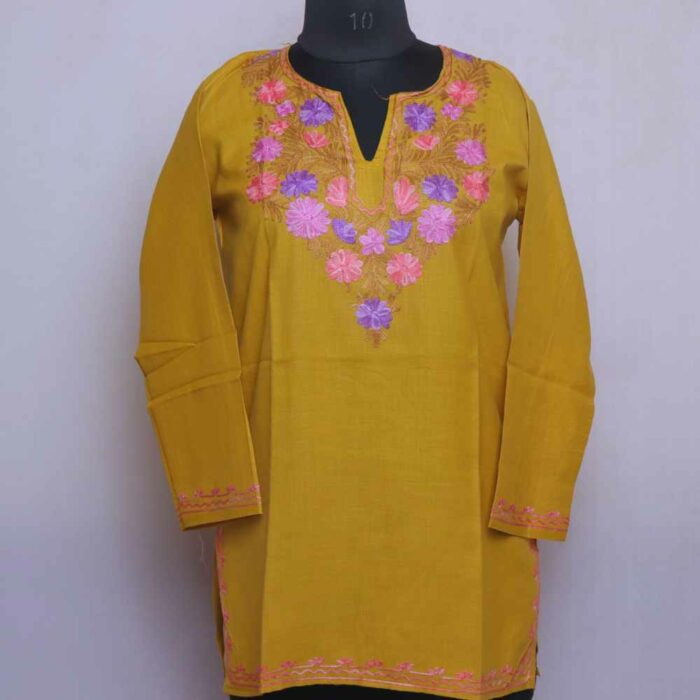 Precious Mustard Ruby Cotton Short Kashmiri Kurti with Ari Embroidery