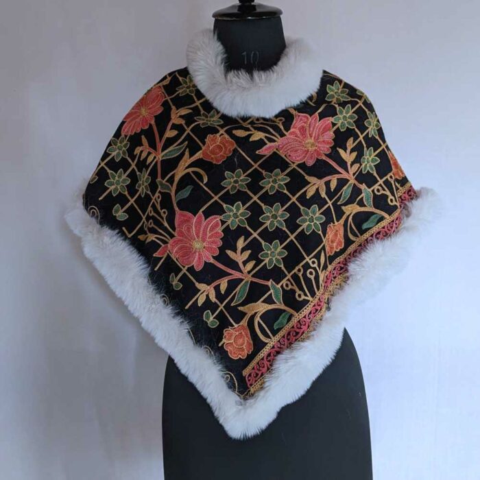Farha Black Kids Aari Embroidery Kashmiri Poncho with Fur