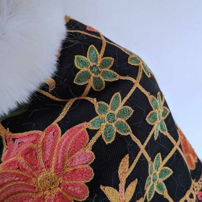 Farha Black Kids Aari Embroidery Kashmiri Poncho with Fur - Image 2