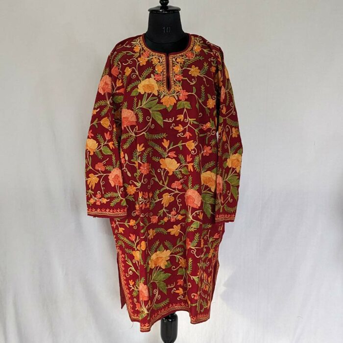 Khanyari Maroon Pure Wool Jaal Aari All Over Kashmiri Pheran