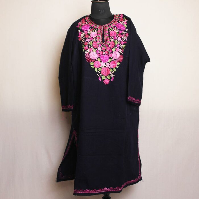 Navy Blue Shah Kashmiri Pheran With Aari Embroidery