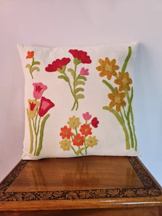 Throw Pillow Case Covers 16x16 Set of 2 Decorative Floral Embroidered Design on Solid Natural White Background for Couch, Sofa - Set of 2