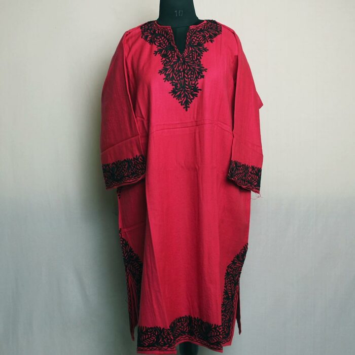 Pink Kashmiri Pheran With Aari Border Embroidery