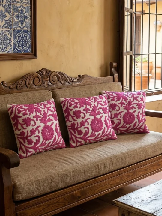 Pink Hand Embroidered Kashmiri Crewel 12x12 Cushion Cover