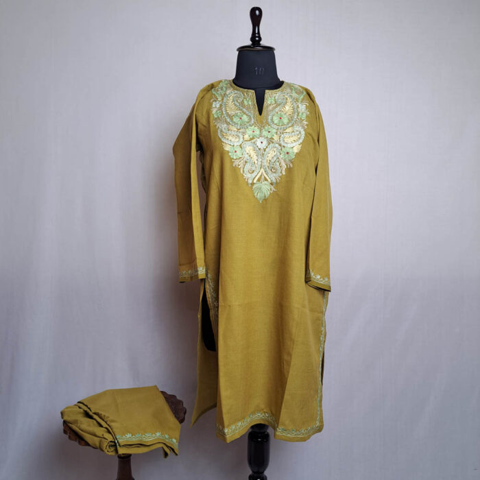 Green Cotton Aari Kashmiri Salwar Kameez Co-ord Set