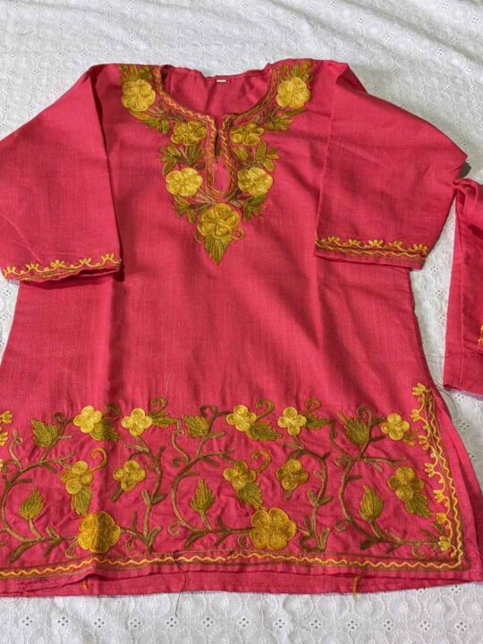 Pink Mouji Kashmiri Embroidery Girl Summer Kurti With Trousers (3-4 y)
