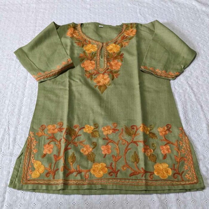 Pastel Green Mouji Kashmiri Embroidery Girl Summer Kurta With Trousers (3-4 y) - Image 3