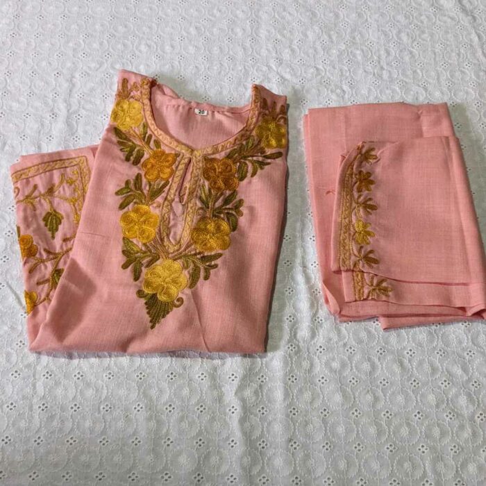 Light Pink Mouji Kashmiri Embroidery Girl Summer Kurta With Trousers (2-3 y)