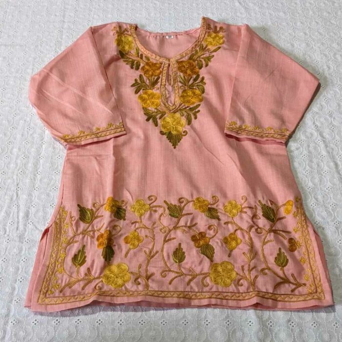 Light Pink Mouji Kashmiri Embroidery Girl Summer Kurta With Trousers (2-3 y) - Image 2