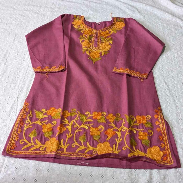 Purplish Pink Amma Kashmiri Embroidery Girl Summer Kurti With Trousers (4-5 y) - Image 2