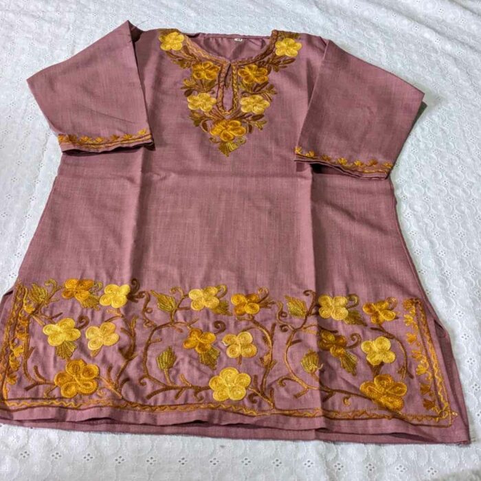 Onion Pink Muji Kashmiri Border Embroidery Girl Summer Kurti With Trousers (4-5) - Image 3