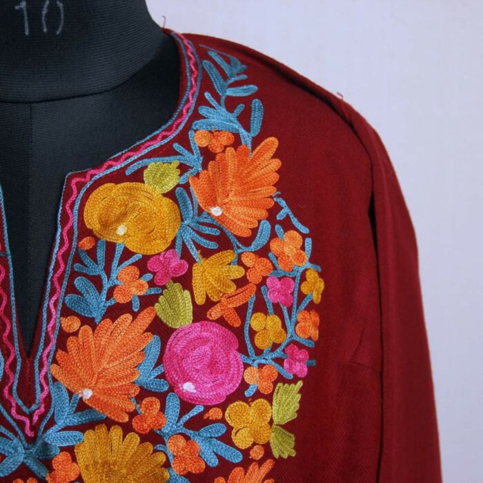 Kashmiri Phiran Dress- Daneen Maroon Poshbaag With Aari Embroidery - Image 3