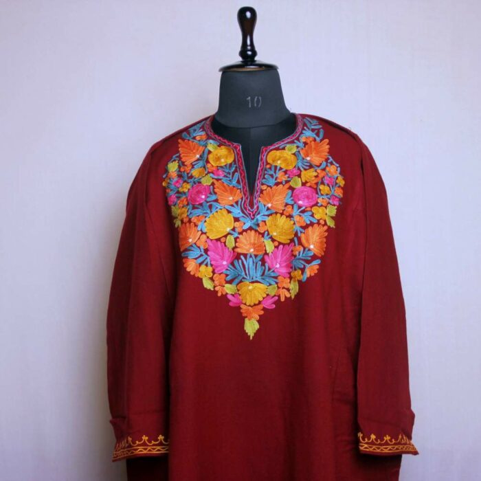 Kashmiri Phiran Dress- Daneen Maroon Poshbaag With Aari Embroidery - Image 2