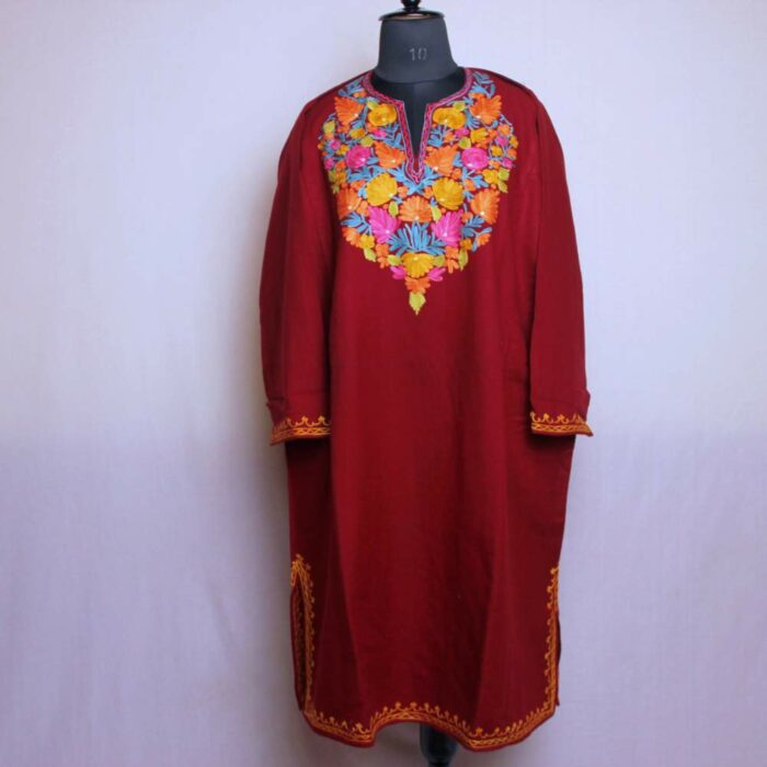 Kashmiri Phiran Dress- Daneen Maroon Poshbaag With Aari Embroidery