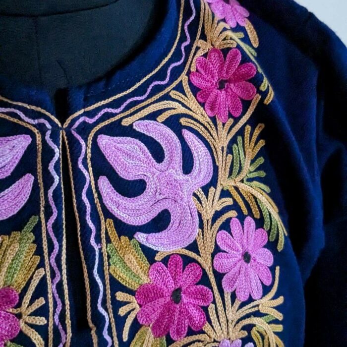 Kashmiri Phiran Dress- Daneena Blue Gulab Chinari Aari Embroidery - Image 3