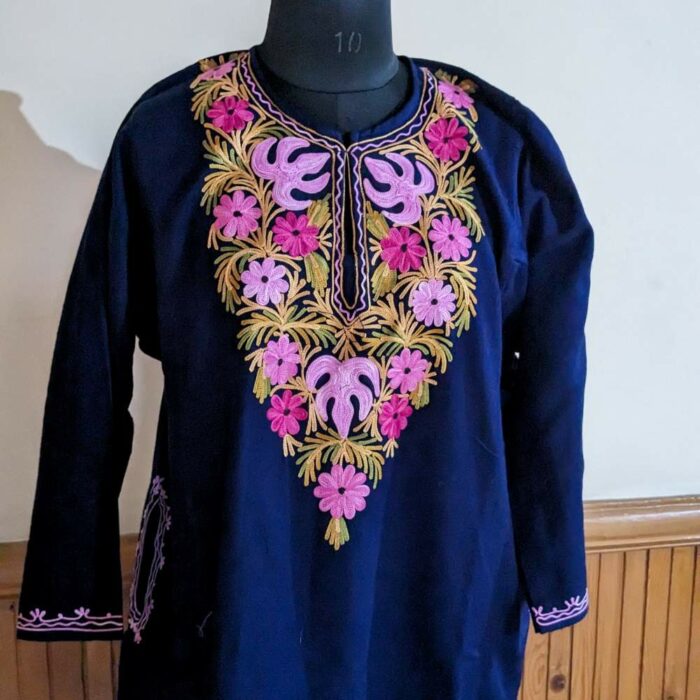 Kashmiri Phiran Dress- Daneena Blue Gulab Chinari Aari Embroidery