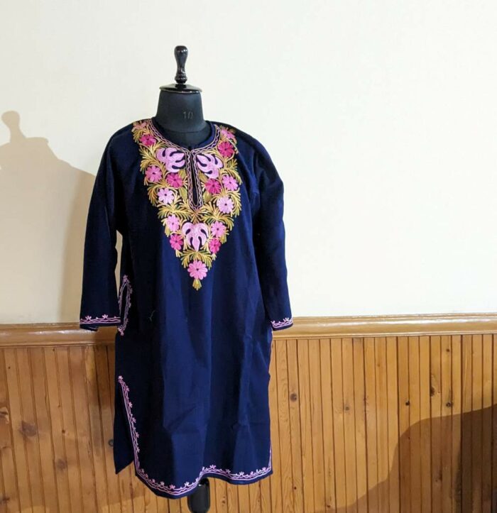 Kashmiri Phiran Dress- Daneena Blue Gulab Chinari Aari Embroidery - Image 2