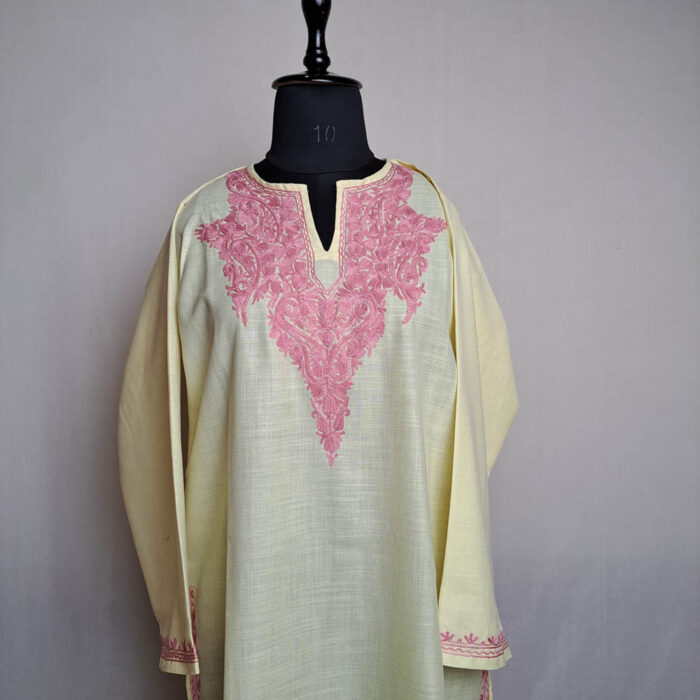Light Yellow Cotton Aari Kashmiri Salwar Kameez Co-ord Set - Image 2