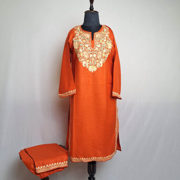Rust Orange Urooj Ruby Cotton Aari Kashmiri Co-ord Set