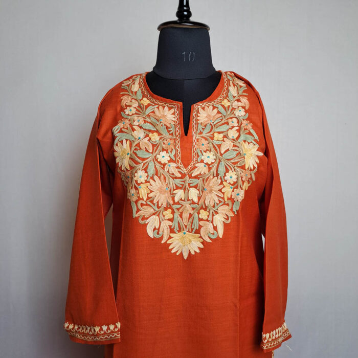 Rust Orange Urooj Ruby Cotton Aari Kashmiri Co-ord Set - Image 2
