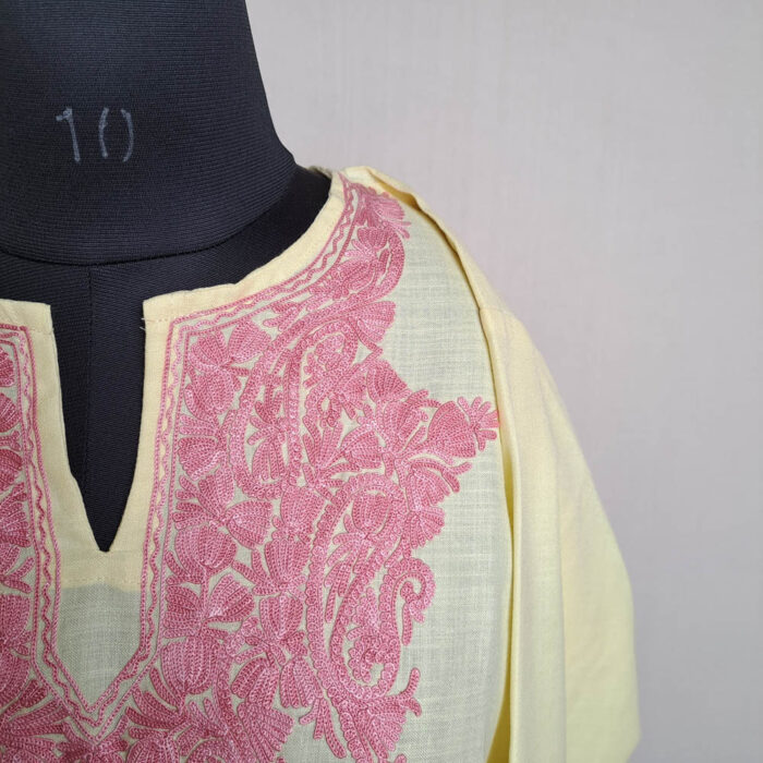 Light Yellow Cotton Aari Kashmiri Salwar Kameez Co-ord Set - Image 3