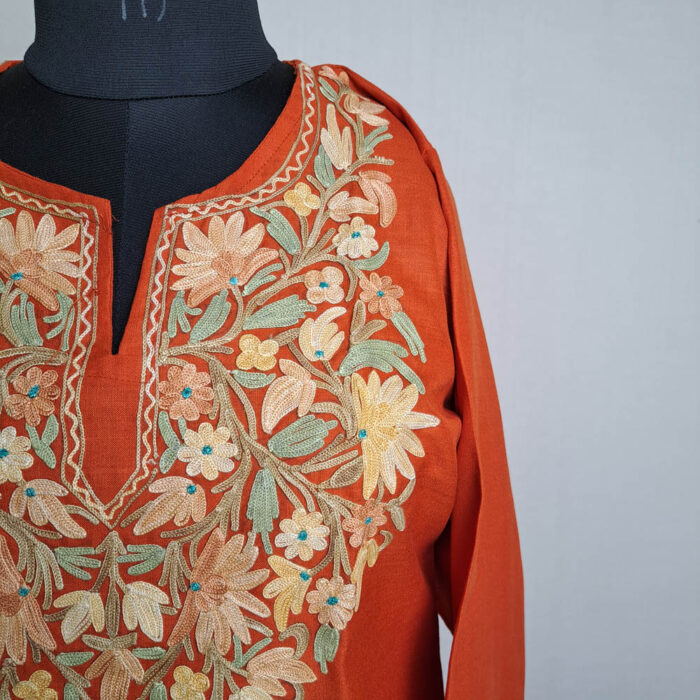 Rust Orange Urooj Ruby Cotton Aari Kashmiri Co-ord Set - Image 3