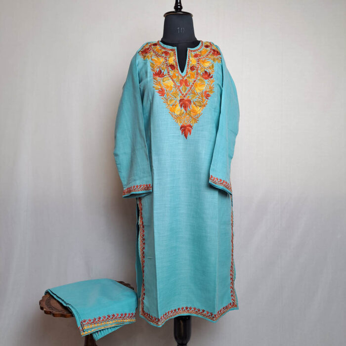 Turquoise Urooj Ruby Cotton Aari Kashmiri Co-ord Set
