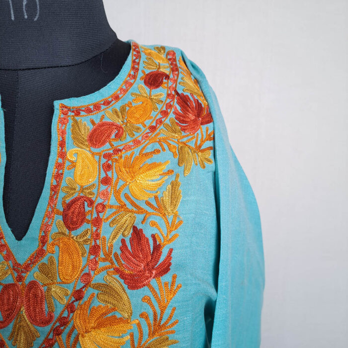 Turquoise Urooj Ruby Cotton Aari Kashmiri Co-ord Set - Image 3
